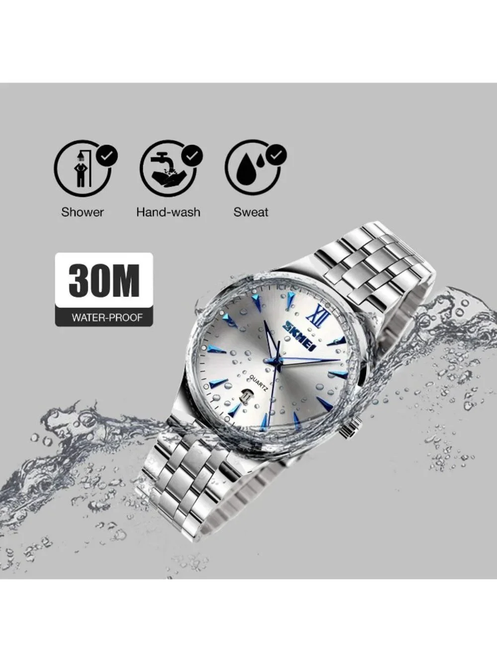 Men's Silver Blue Analog Stainless Steel Roman Numeral Waterproof Luxury Watch